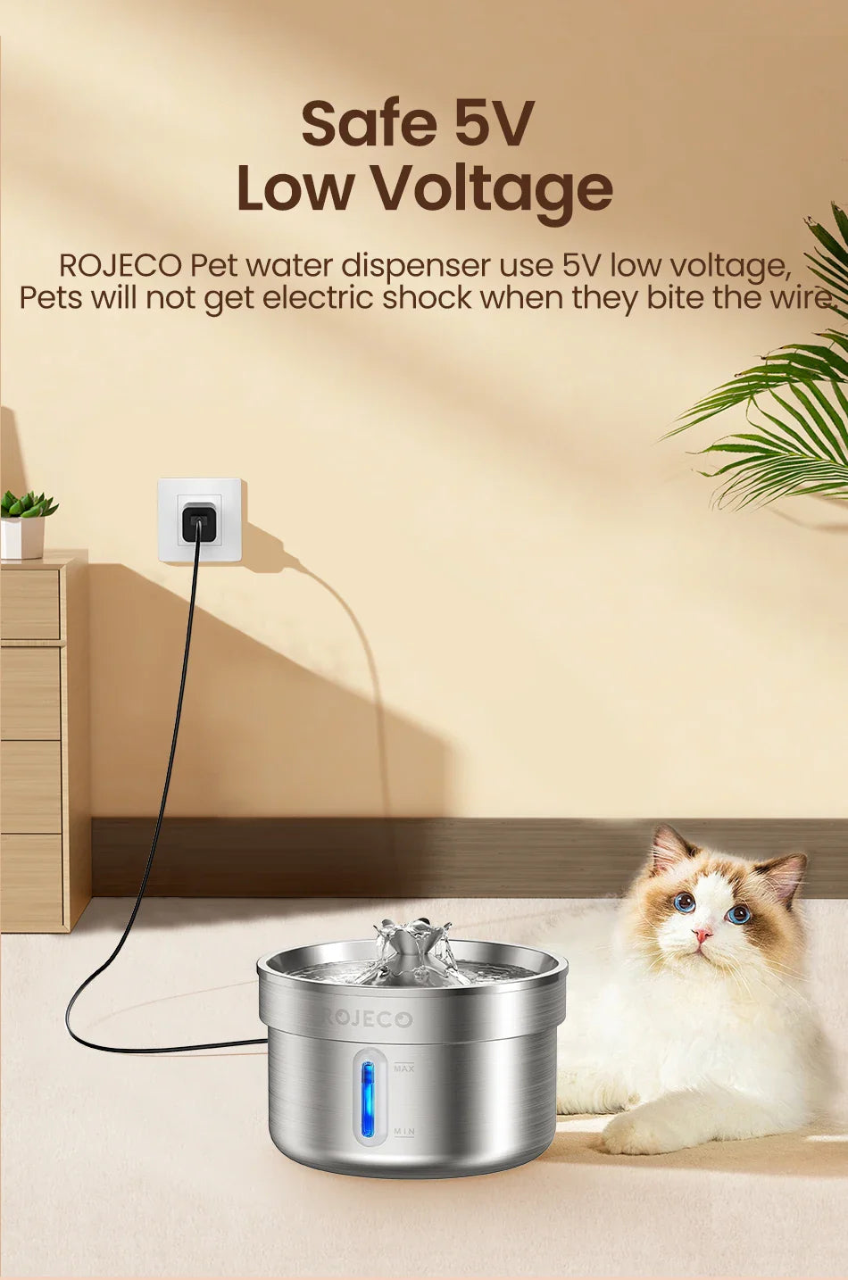 ROJECO Rechargeable Stainless Steel Cat Water Fountain