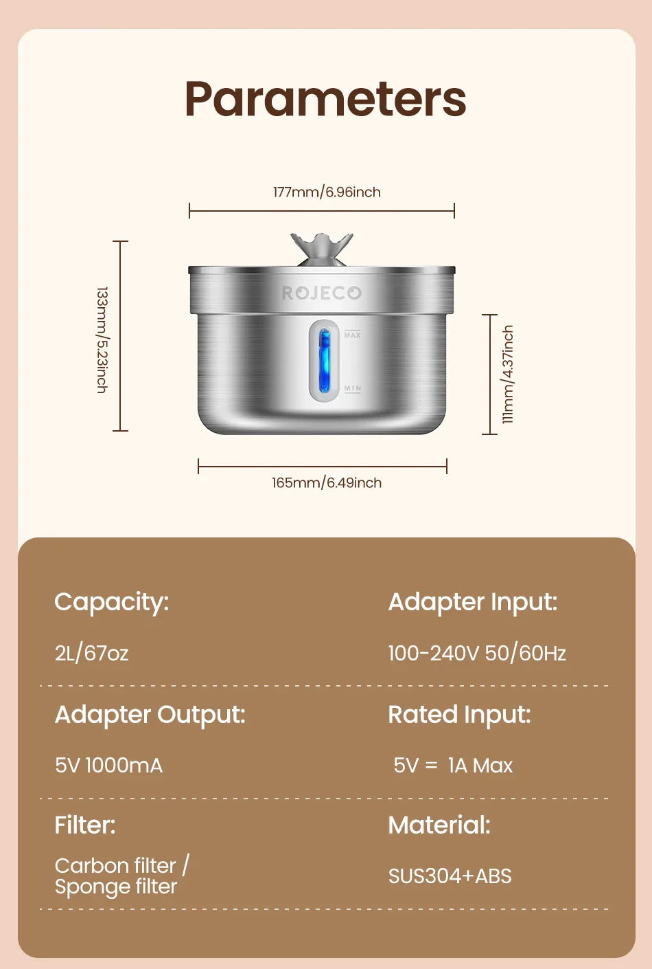 ROJECO Rechargeable Stainless Steel Cat Water Fountain