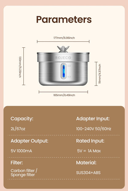 ROJECO Rechargeable Stainless Steel Cat Water Fountain